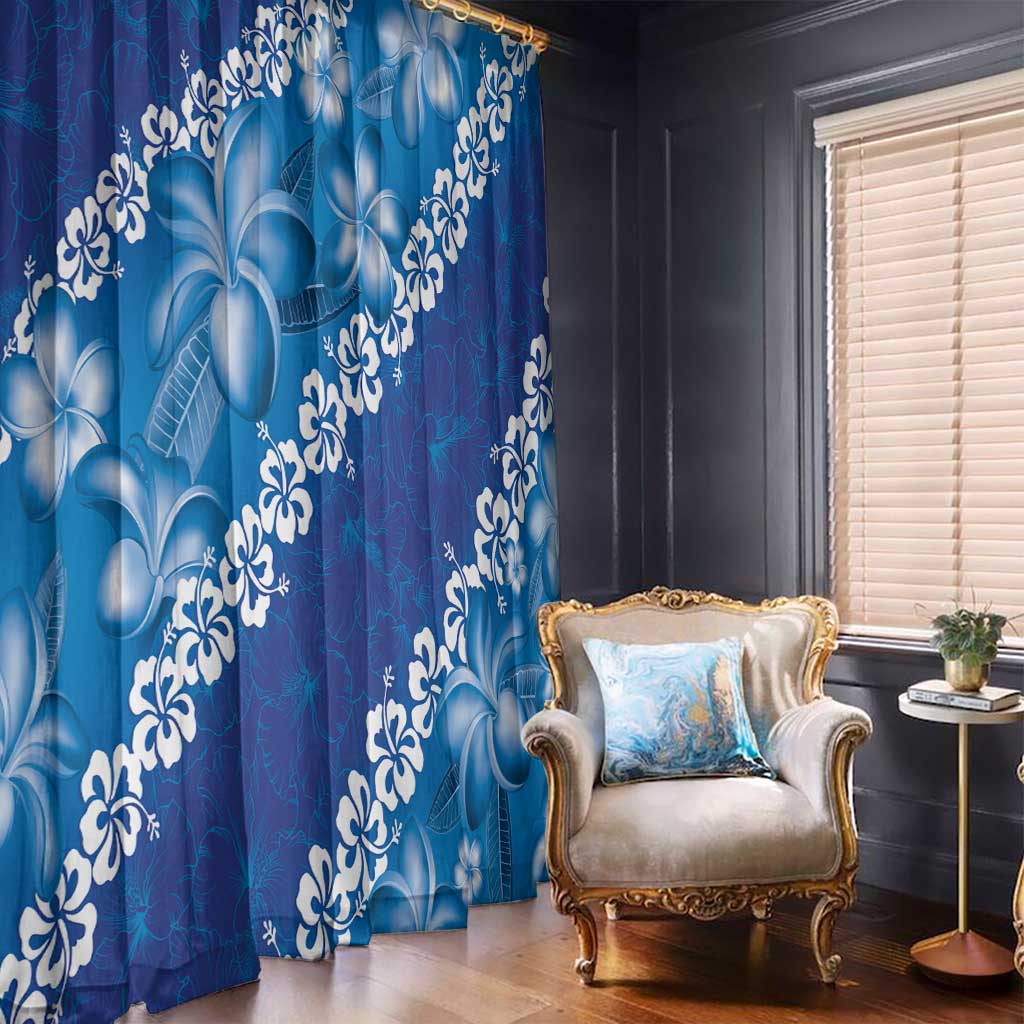 Vintage Blue Polynesia Window Curtain Plumeria With Hibiscus Tropical Vibes LT14 - Polynesian Pride