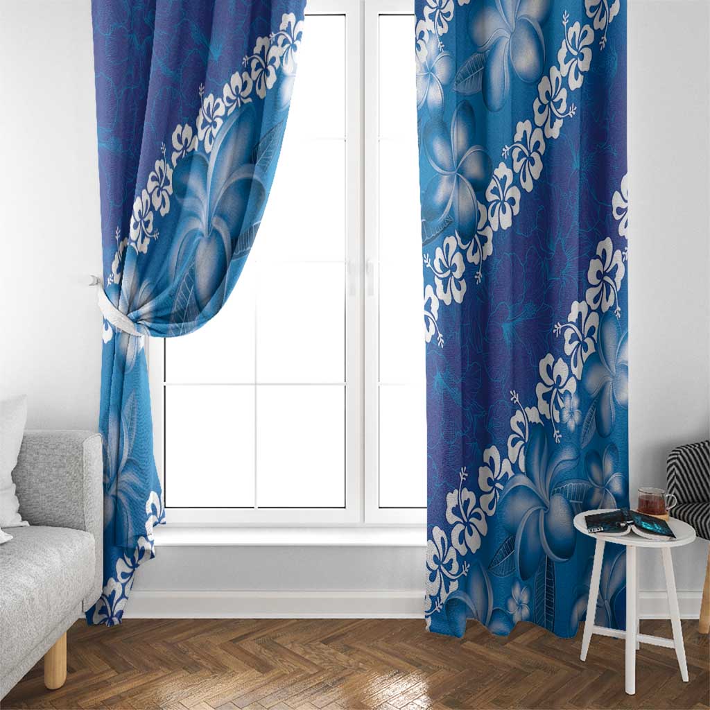 Vintage Blue Polynesia Window Curtain Plumeria With Hibiscus Tropical Vibes LT14 - Polynesian Pride