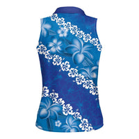 Vintage Blue Polynesia Women Sleeveless Polo Shirt Plumeria With Hibiscus Tropical Vibes
