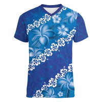 Vintage Blue Polynesia Women V-Neck T-Shirt Plumeria With Hibiscus Tropical Vibes