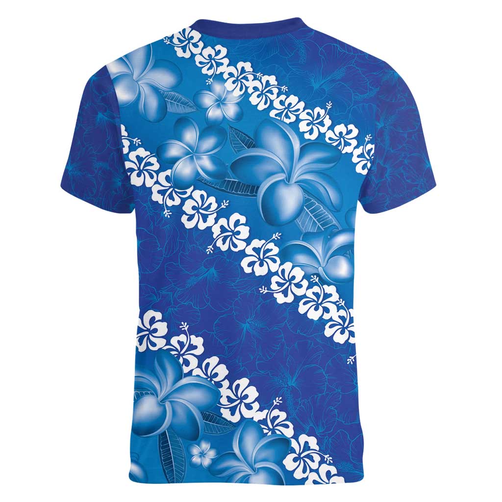 Vintage Blue Polynesia Women V-Neck T-Shirt Plumeria With Hibiscus Tropical Vibes