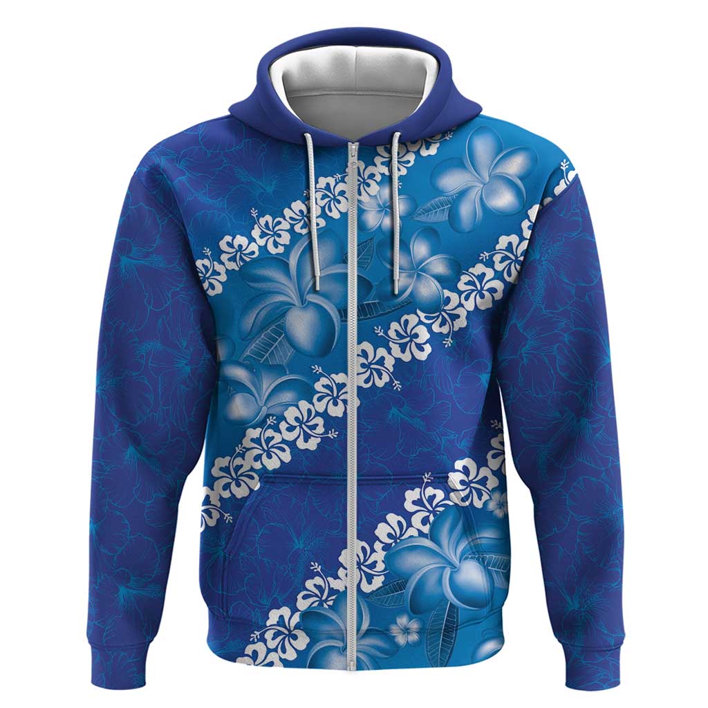 Vintage Blue Polynesia Zip Hoodie Plumeria With Hibiscus Tropical Vibes