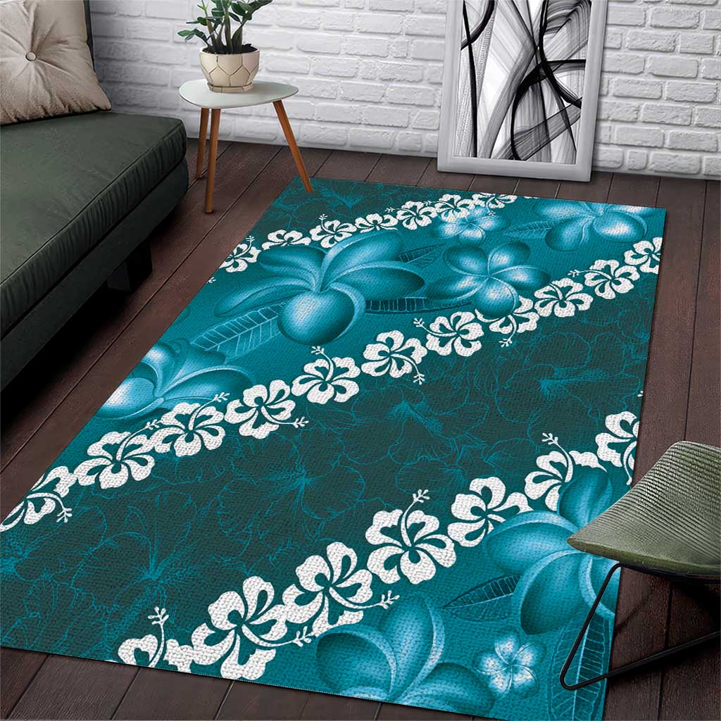 Vintage Dark Cyan Polynesia Area Rug Plumeria With Hibiscus Tropical Vibes