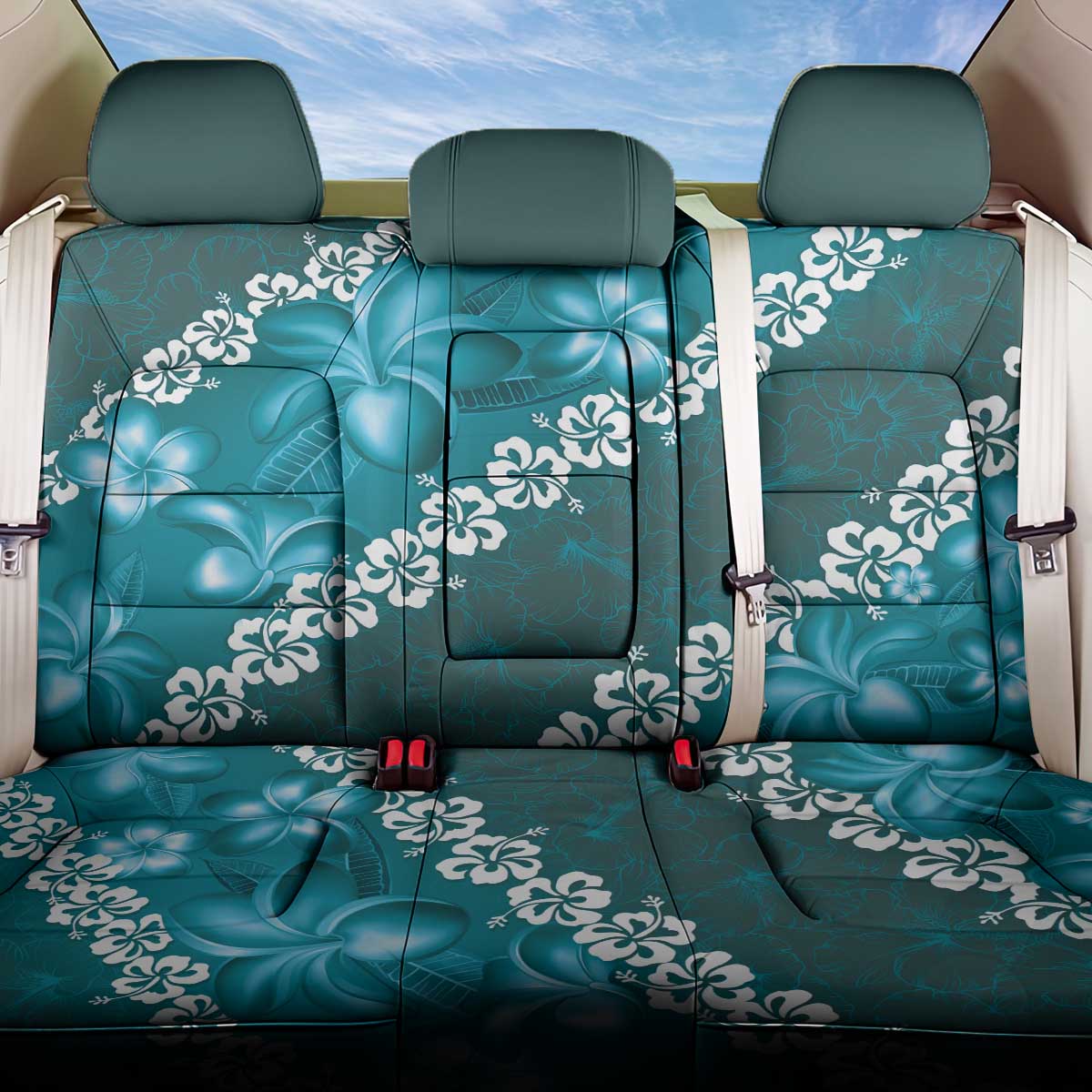 Vintage Dark Cyan Polynesia Back Car Seat Cover Plumeria With Hibiscus Tropical Vibes