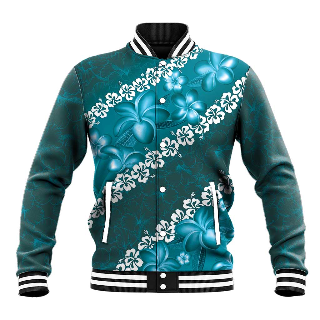 Vintage Dark Cyan Polynesia Baseball Jacket Plumeria With Hibiscus Tropical Vibes LT14 Unisex Dark Cyan - Polynesian Pride