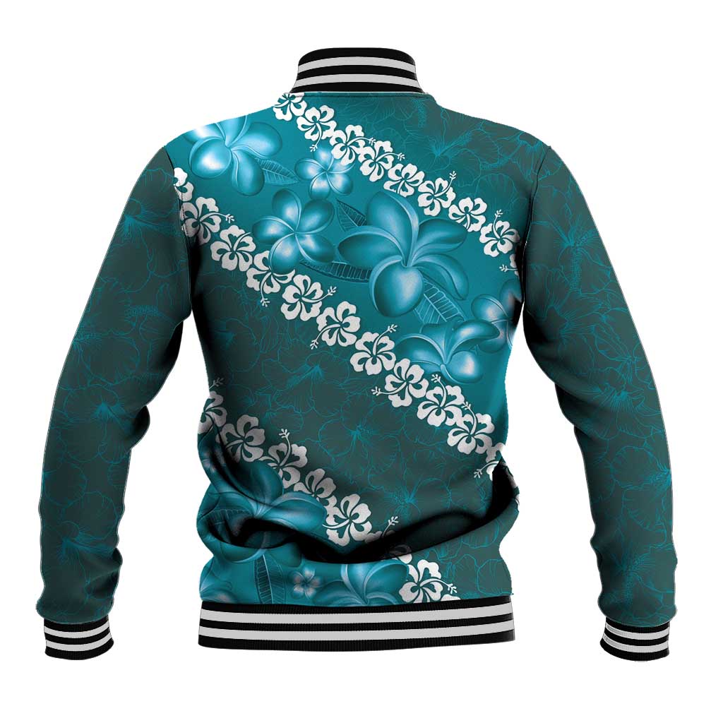 Vintage Dark Cyan Polynesia Baseball Jacket Plumeria With Hibiscus Tropical Vibes LT14 - Polynesian Pride