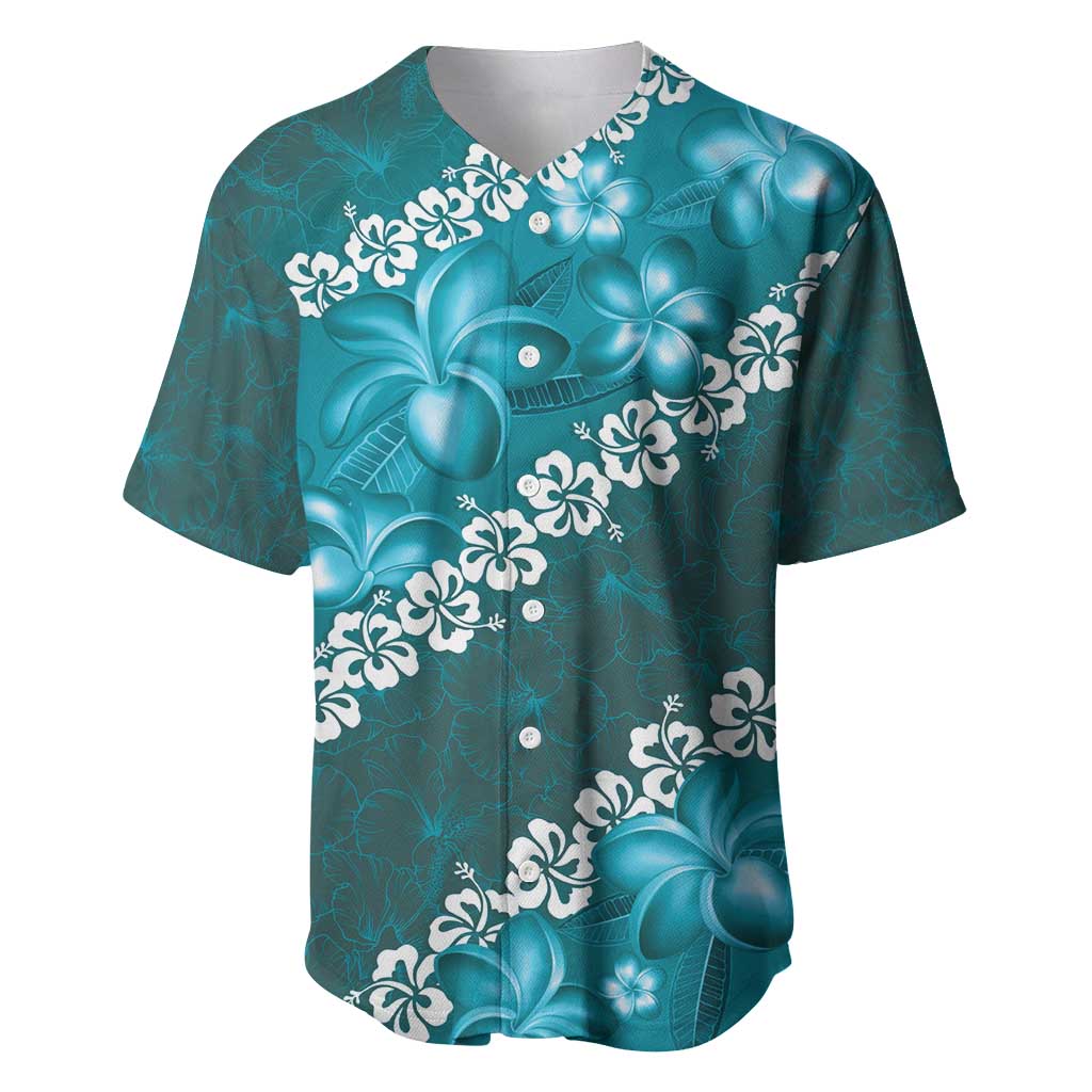 Vintage Dark Cyan Polynesia Baseball Jersey Plumeria With Hibiscus Tropical Vibes