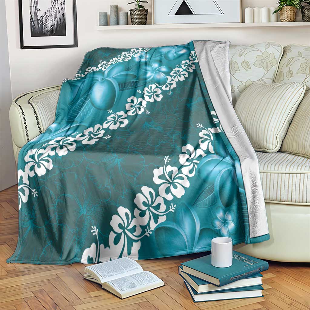 Vintage Dark Cyan Polynesia Blanket Plumeria With Hibiscus Tropical Vibes LT14 Dark Cyan - Polynesian Pride