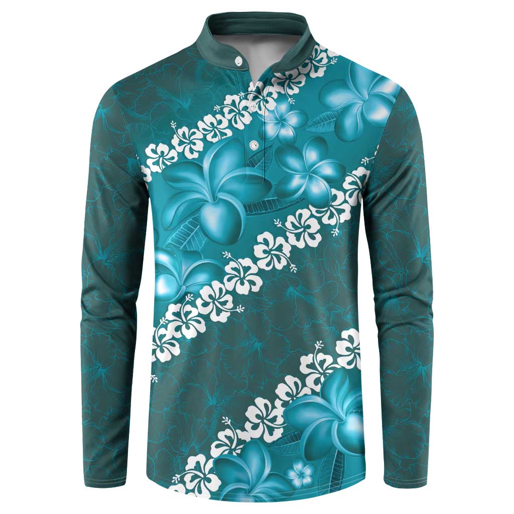 Vintage Dark Cyan Polynesia Button Sweatshirt Plumeria With Hibiscus Tropical Vibes