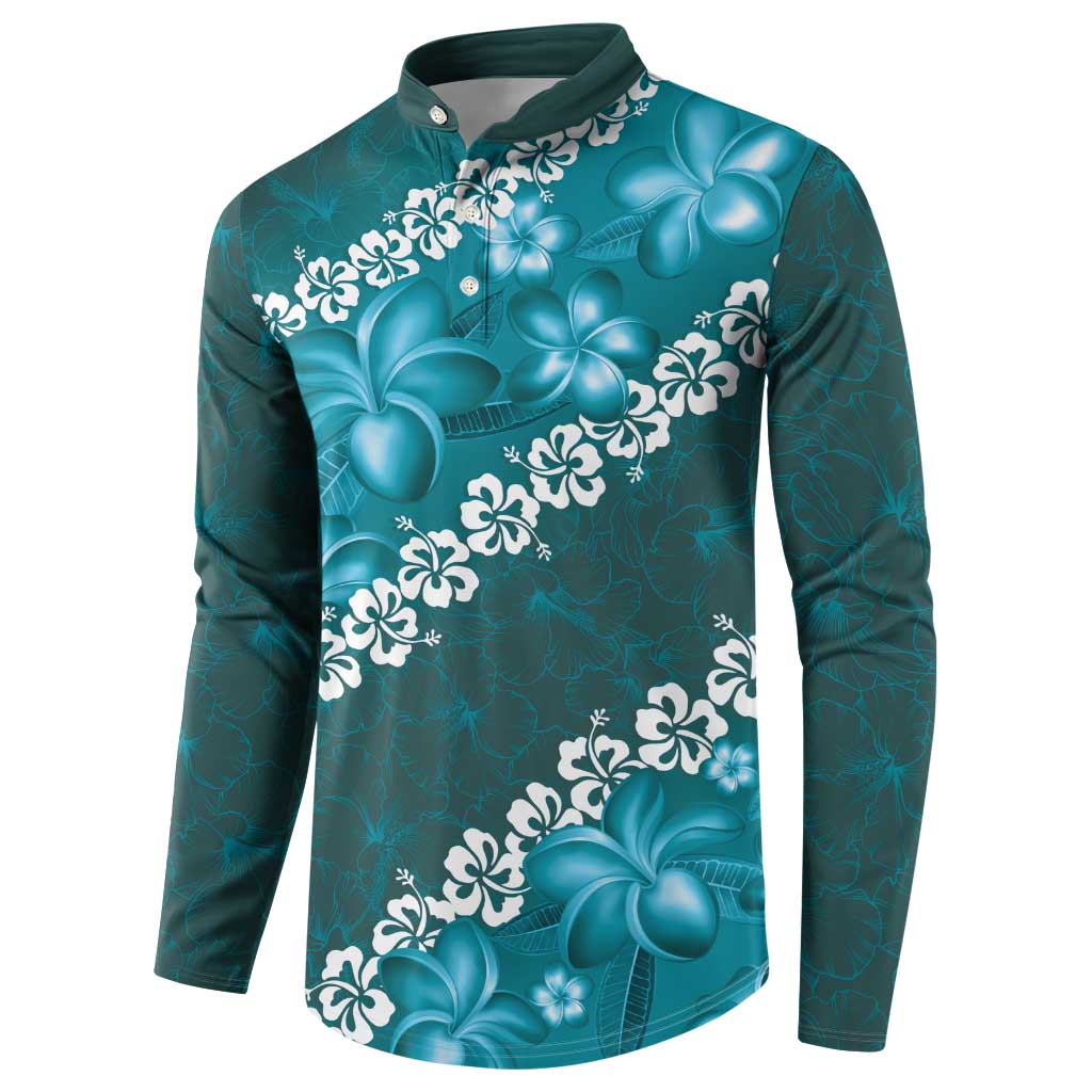 Vintage Dark Cyan Polynesia Button Sweatshirt Plumeria With Hibiscus Tropical Vibes