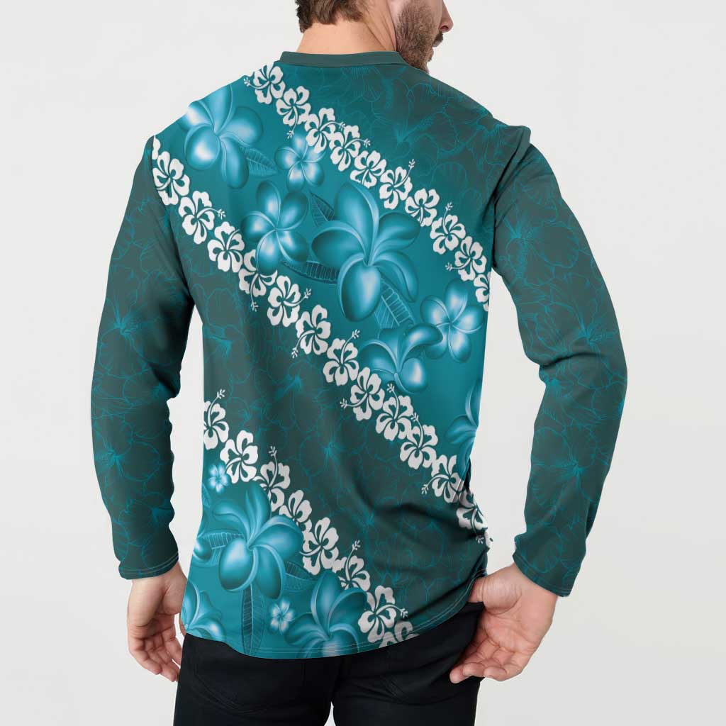Vintage Dark Cyan Polynesia Button Sweatshirt Plumeria With Hibiscus Tropical Vibes