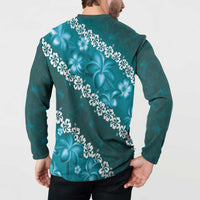 Vintage Dark Cyan Polynesia Button Sweatshirt Plumeria With Hibiscus Tropical Vibes