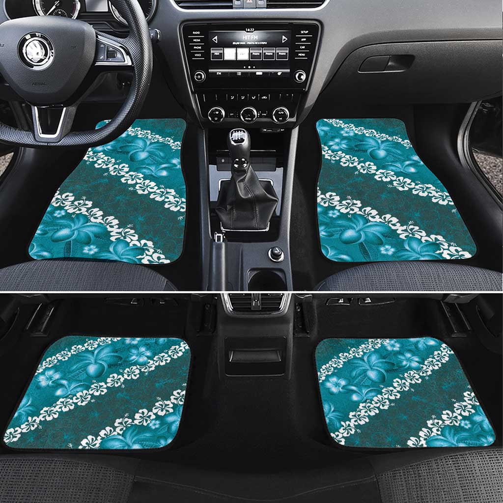 Vintage Dark Cyan Polynesia Car Mats Plumeria With Hibiscus Tropical Vibes LT14 Set 4pcs Dark Cyan - Polynesian Pride
