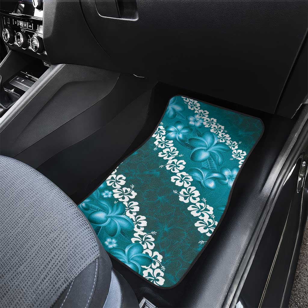 Vintage Dark Cyan Polynesia Car Mats Plumeria With Hibiscus Tropical Vibes LT14 - Polynesian Pride