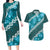 Vintage Dark Cyan Polynesia Couples Matching Long Sleeve Bodycon Dress and Hawaiian Shirt Plumeria With Hibiscus Tropical Vibes