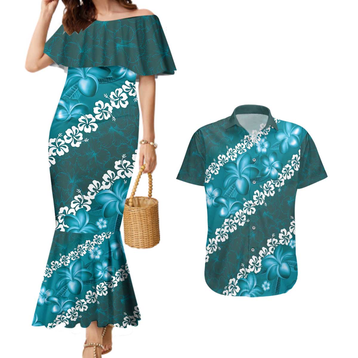 Vintage Dark Cyan Polynesia Couples Matching Mermaid Dress and Hawaiian Shirt Plumeria With Hibiscus Tropical Vibes