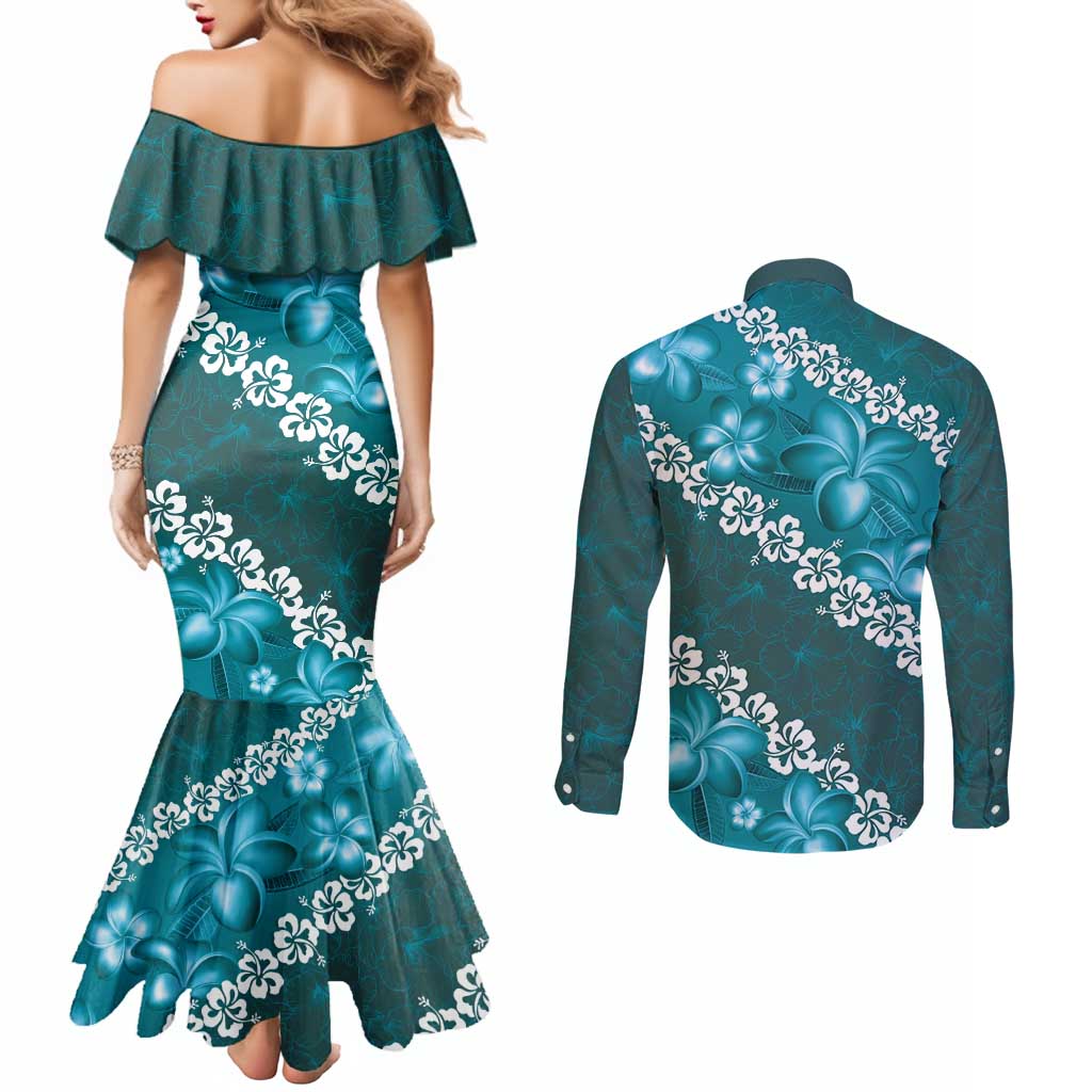Vintage Dark Cyan Polynesia Couples Matching Mermaid Dress and Long Sleeve Button Shirt Plumeria With Hibiscus Tropical Vibes