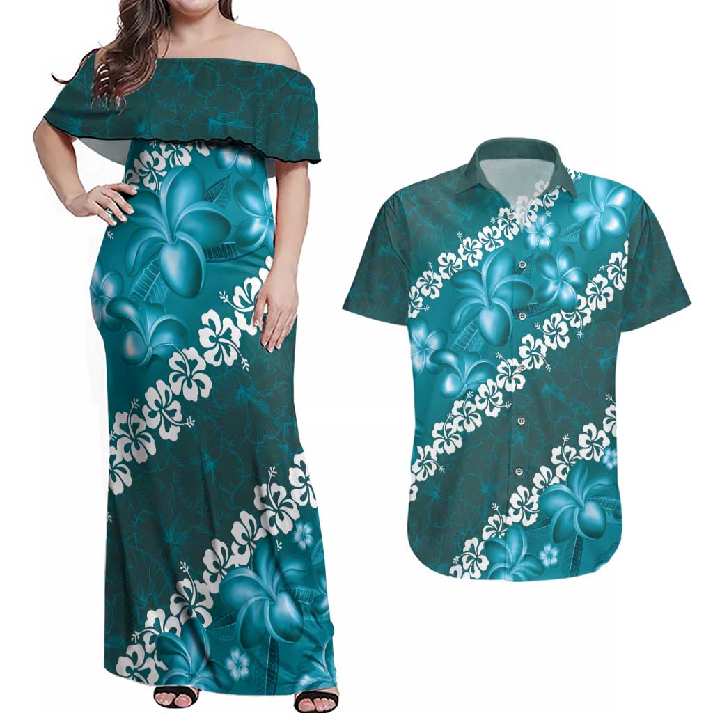 Vintage Dark Cyan Polynesia Couples Matching Off Shoulder Maxi Dress and Hawaiian Shirt Plumeria With Hibiscus Tropical Vibes