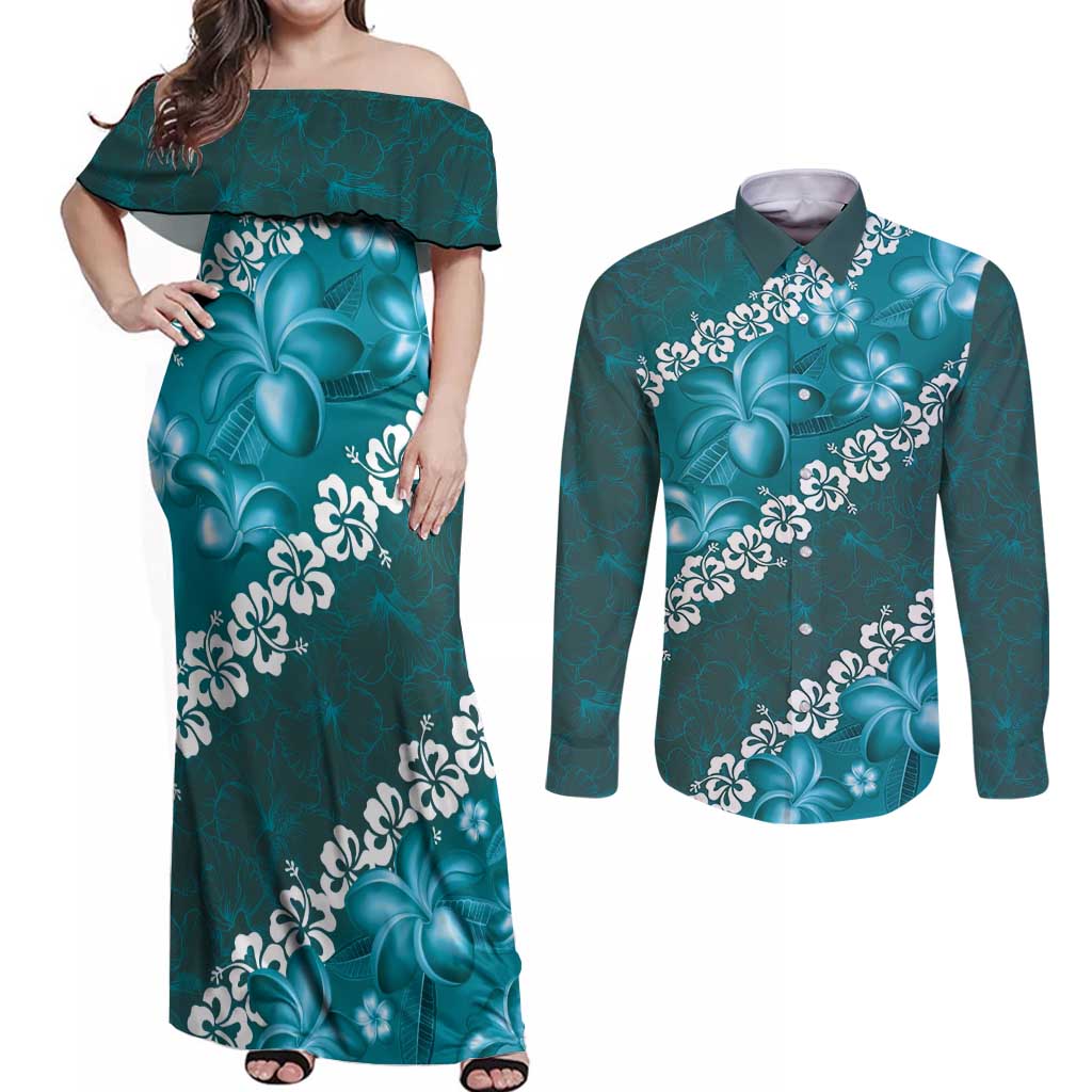 Vintage Dark Cyan Polynesia Couples Matching Off Shoulder Maxi Dress and Long Sleeve Button Shirt Plumeria With Hibiscus Tropical Vibes LT14 Dark Cyan - Polynesian Pride