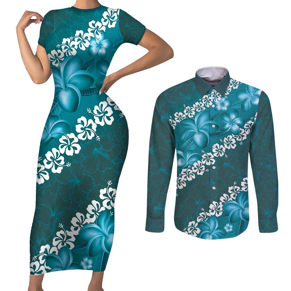 Vintage Dark Cyan Polynesia Couples Matching Short Sleeve Bodycon Dress and Long Sleeve Button Shirt Plumeria With Hibiscus Tropical Vibes LT14 Dark Cyan - Polynesian Pride