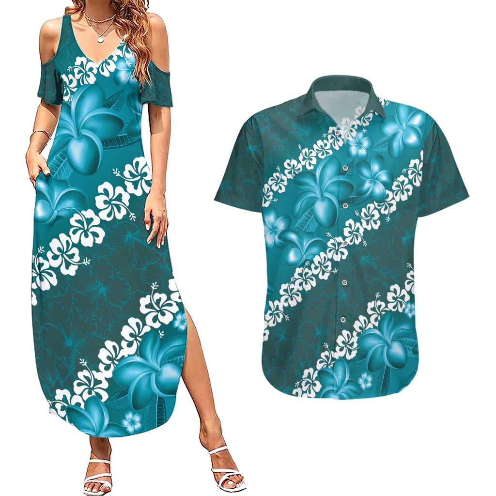 Vintage Dark Cyan Polynesia Couples Matching Summer Maxi Dress and Hawaiian Shirt Plumeria With Hibiscus Tropical Vibes