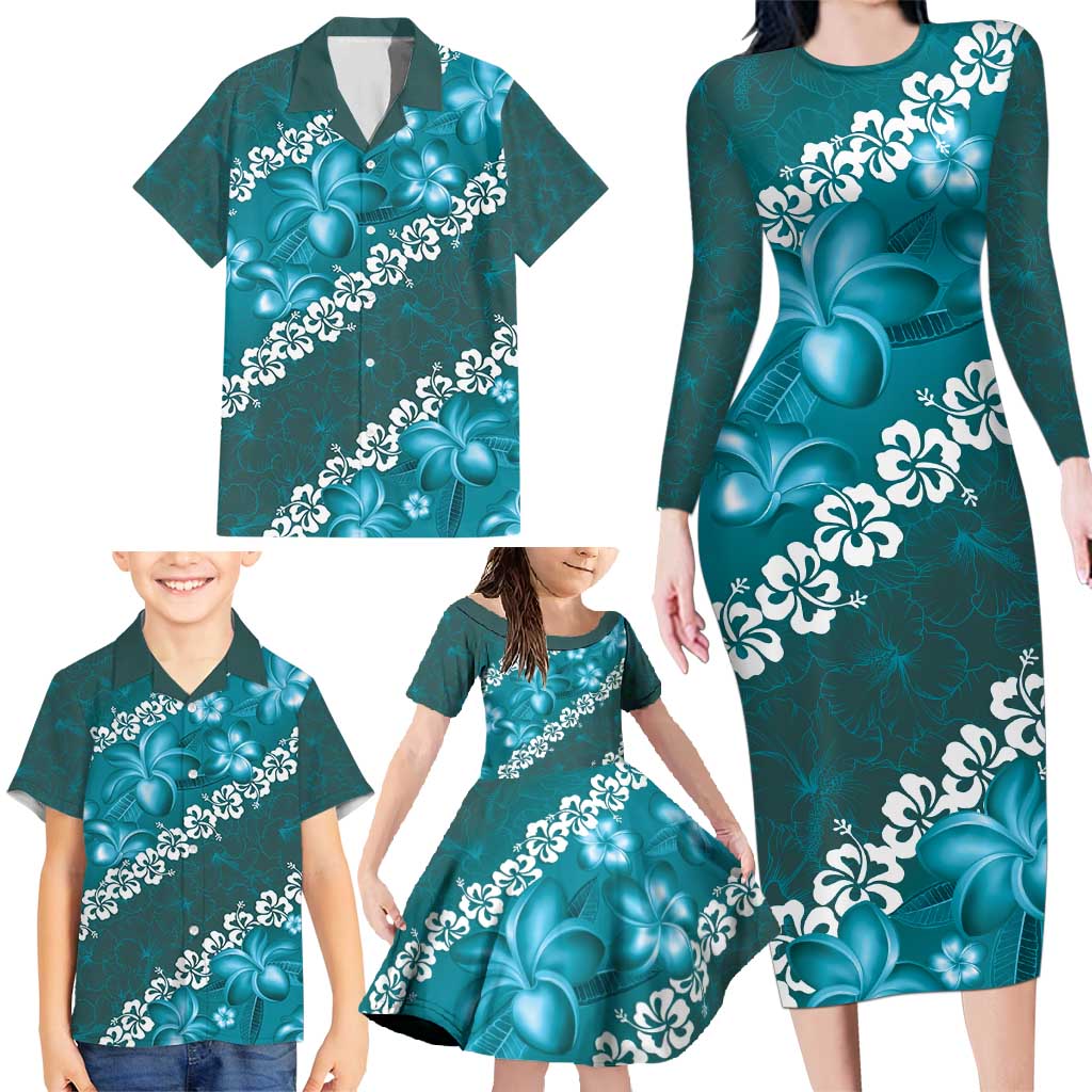 Vintage Dark Cyan Polynesia Family Matching Long Sleeve Bodycon Dress and Hawaiian Shirt Plumeria With Hibiscus Tropical Vibes