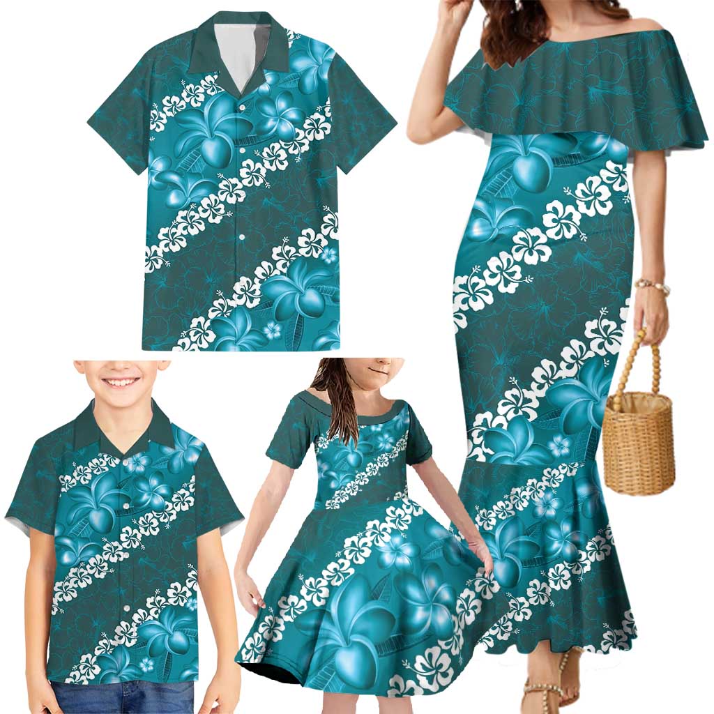 Vintage Dark Cyan Polynesia Family Matching Mermaid Dress and Hawaiian Shirt Plumeria With Hibiscus Tropical Vibes