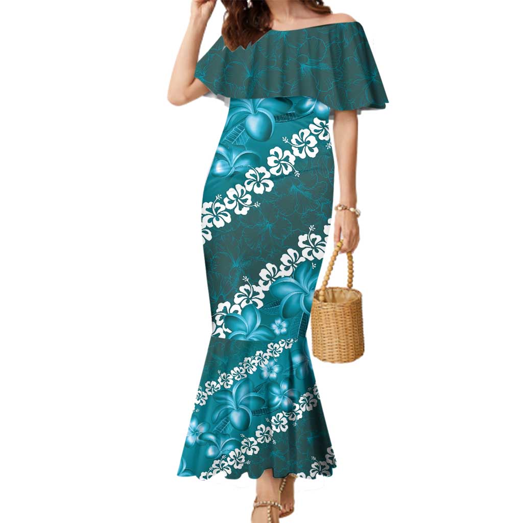 Vintage Dark Cyan Polynesia Family Matching Mermaid Dress and Hawaiian Shirt Plumeria With Hibiscus Tropical Vibes