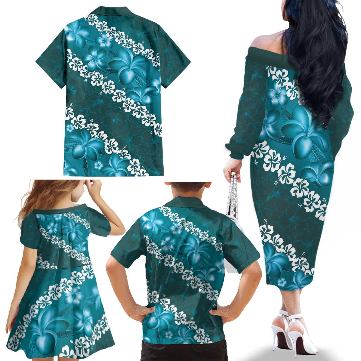 Vintage Dark Cyan Polynesia Family Matching Off The Shoulder Long Sleeve Dress and Hawaiian Shirt Plumeria With Hibiscus Tropical Vibes