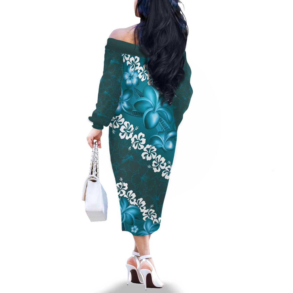 Vintage Dark Cyan Polynesia Family Matching Off The Shoulder Long Sleeve Dress and Hawaiian Shirt Plumeria With Hibiscus Tropical Vibes