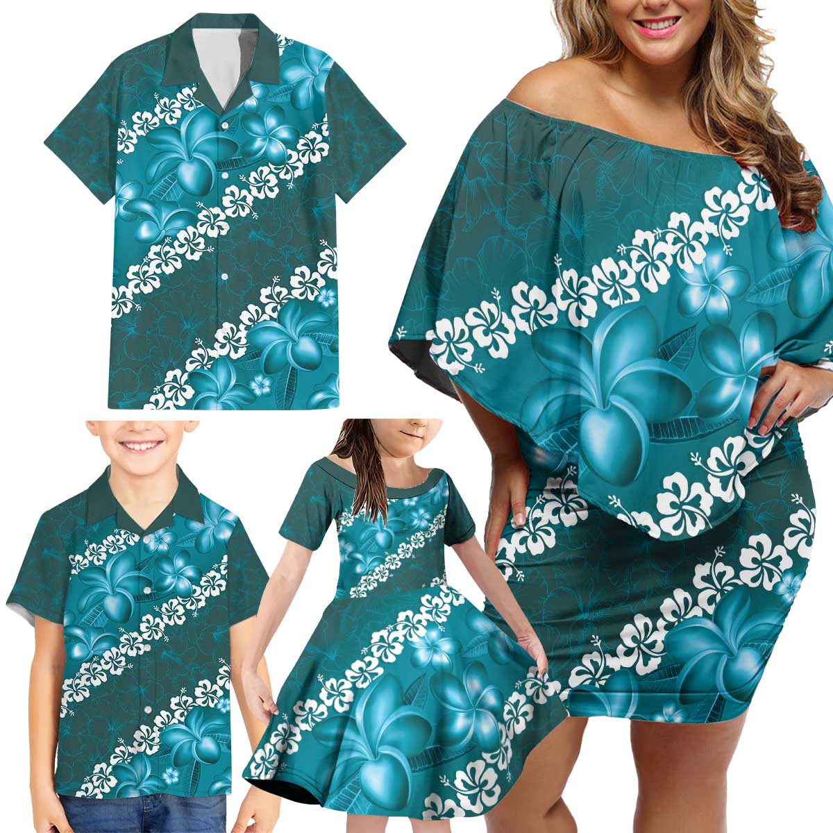 Vintage Dark Cyan Polynesia Family Matching Off Shoulder Short Dress and Hawaiian Shirt Plumeria With Hibiscus Tropical Vibes