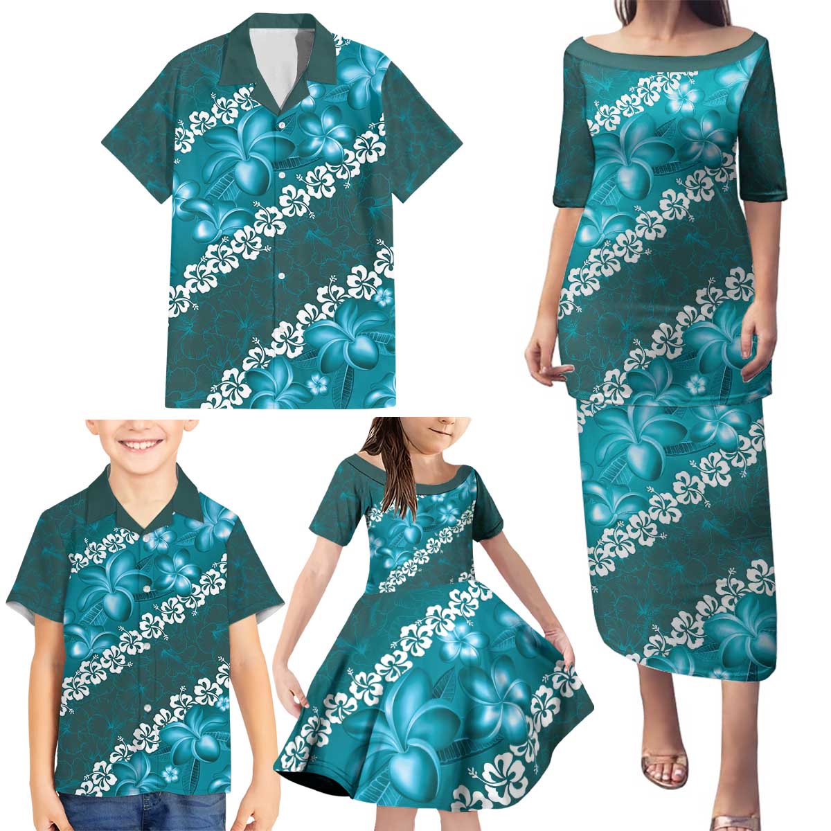 Vintage Dark Cyan Polynesia Family Matching Puletasi and Hawaiian Shirt Plumeria With Hibiscus Tropical Vibes