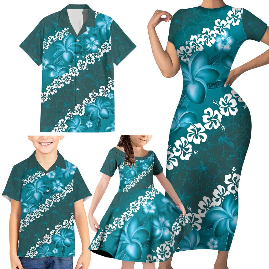 Vintage Dark Cyan Polynesia Family Matching Short Sleeve Bodycon Dress and Hawaiian Shirt Plumeria With Hibiscus Tropical Vibes