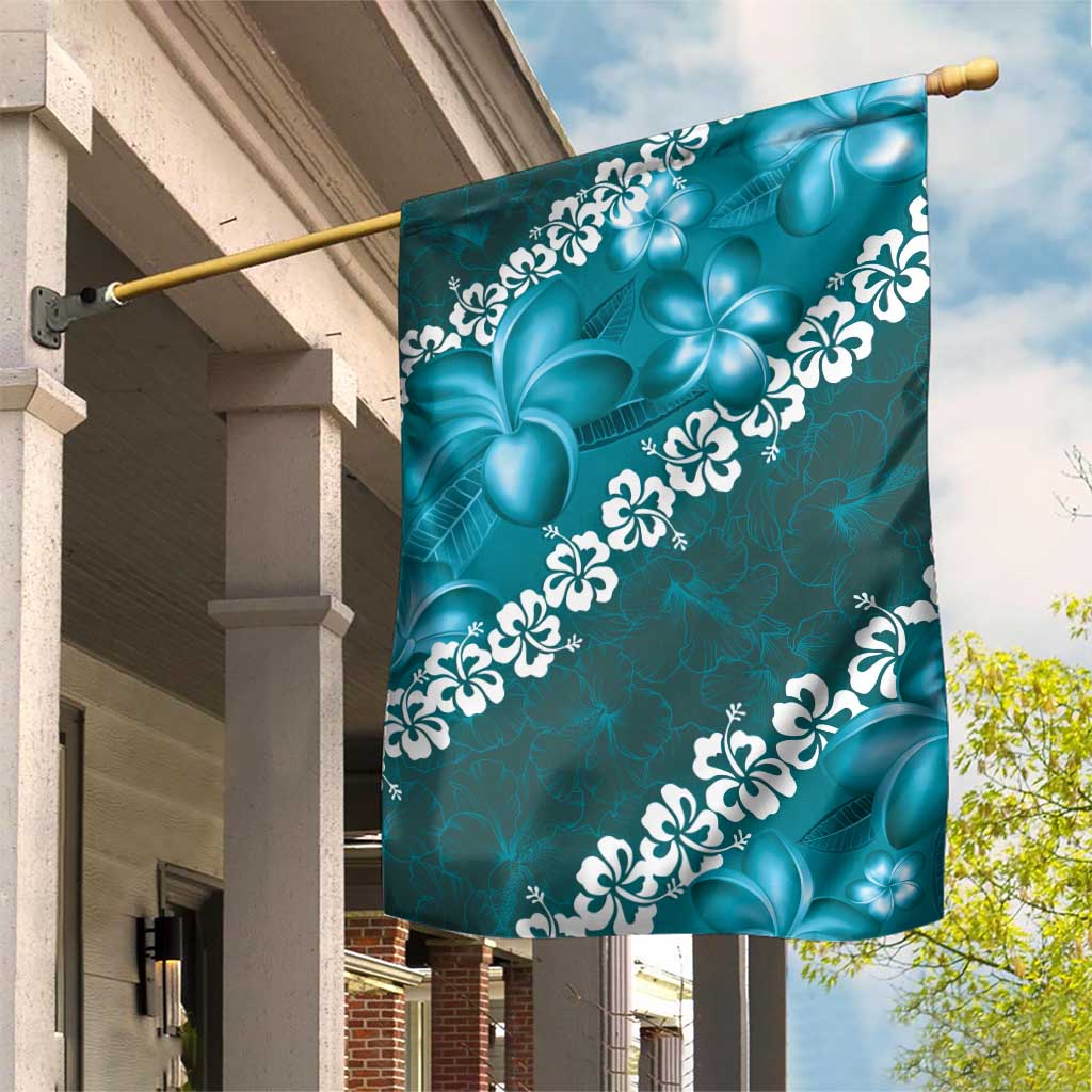 Vintage Dark Cyan Polynesia Garden Flag Plumeria With Hibiscus Tropical Vibes