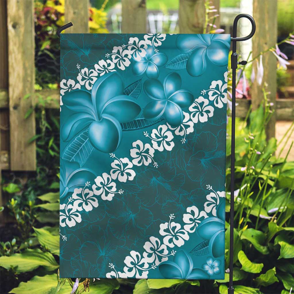 Vintage Dark Cyan Polynesia Garden Flag Plumeria With Hibiscus Tropical Vibes LT14 Garden Flag Dark Cyan - Polynesian Pride