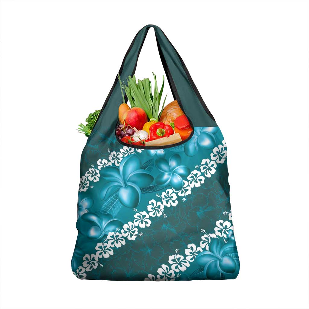 Vintage Dark Cyan Polynesia Grocery Bag Plumeria With Hibiscus Tropical Vibes LT14 1-pack One Size Dark Cyan - Polynesian Pride