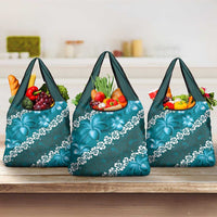 Vintage Dark Cyan Polynesia Grocery Bag Plumeria With Hibiscus Tropical Vibes LT14 3-pack One Size Dark Cyan - Polynesian Pride