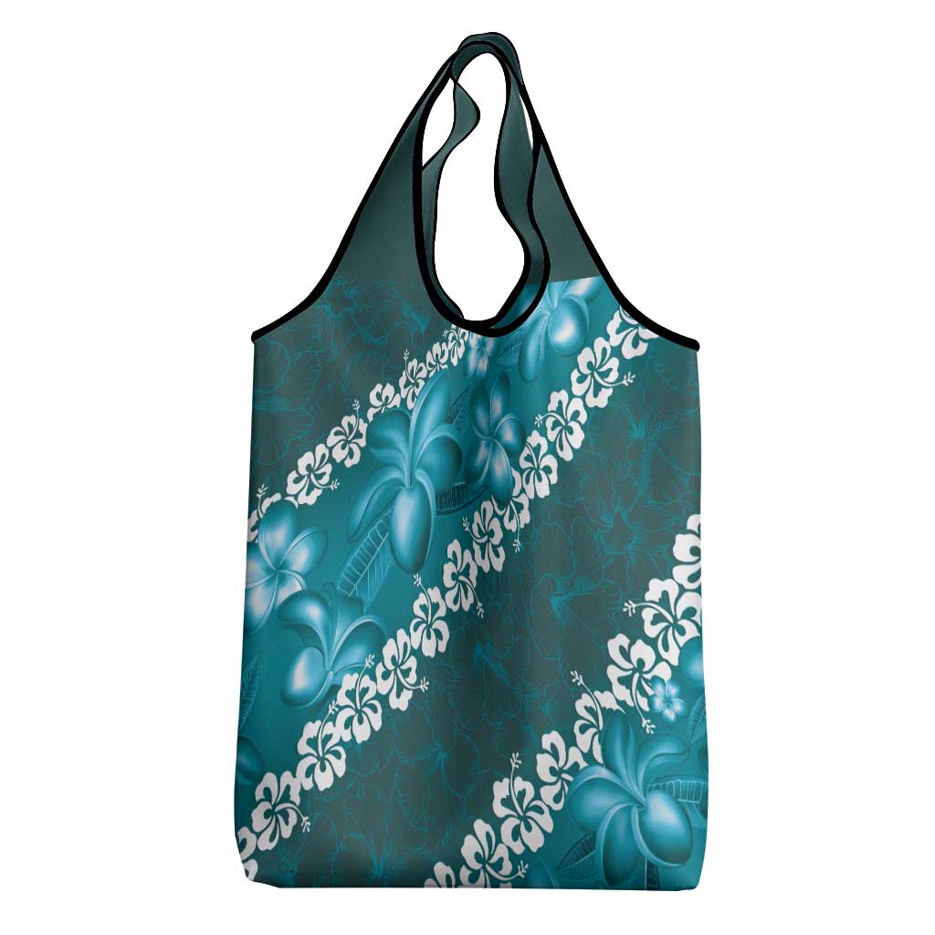 Vintage Dark Cyan Polynesia Grocery Bag Plumeria With Hibiscus Tropical Vibes LT14 - Polynesian Pride