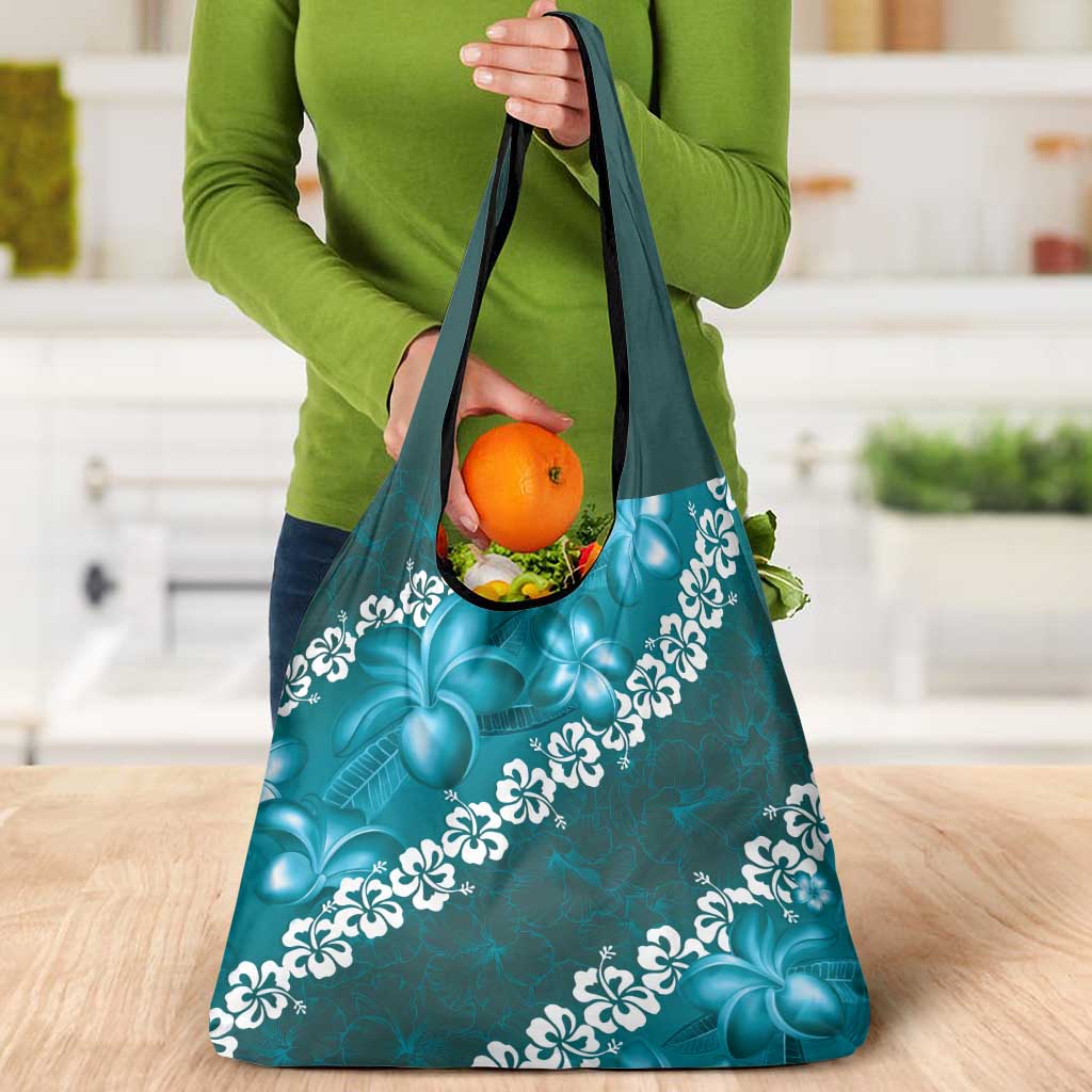 Vintage Dark Cyan Polynesia Grocery Bag Plumeria With Hibiscus Tropical Vibes LT14 - Polynesian Pride