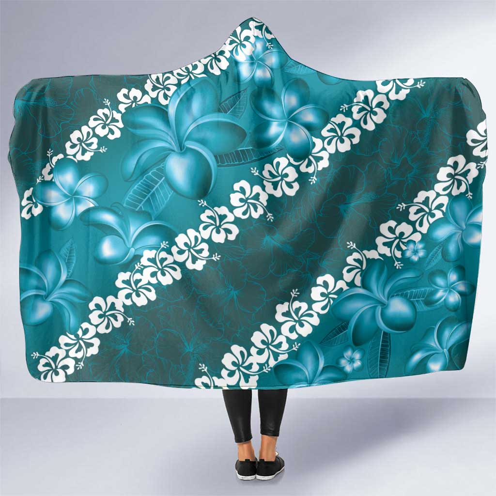 Vintage Dark Cyan Polynesia Hooded Blanket Plumeria With Hibiscus Tropical Vibes