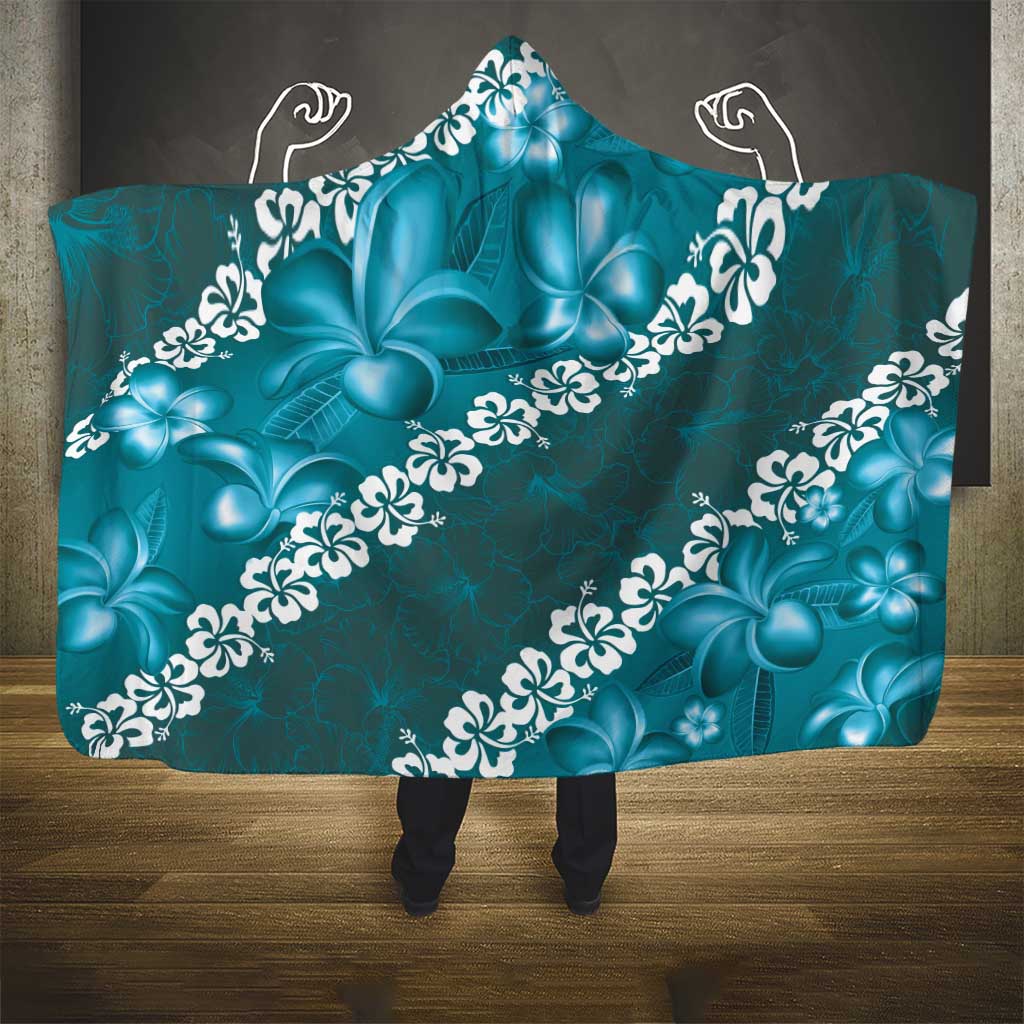 Vintage Dark Cyan Polynesia Hooded Blanket Plumeria With Hibiscus Tropical Vibes LT14 - Polynesian Pride