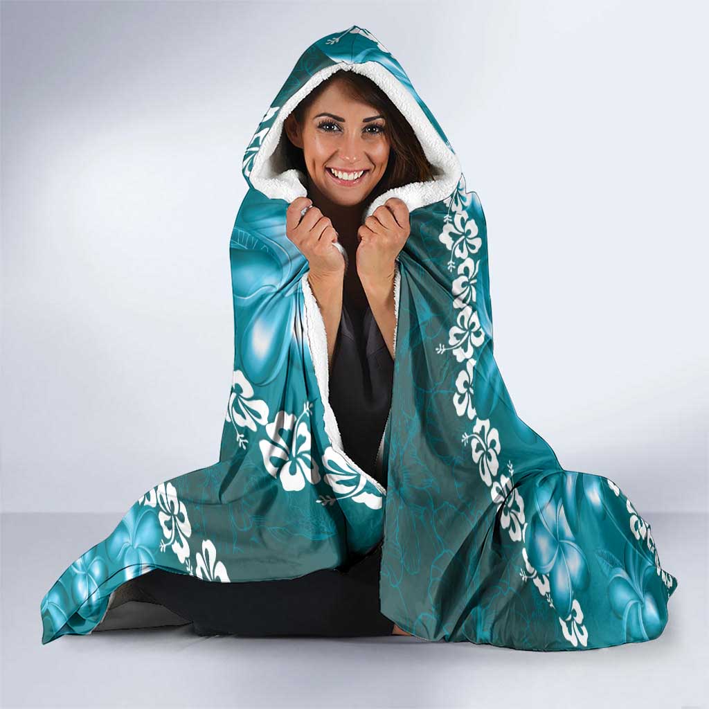 Vintage Dark Cyan Polynesia Hooded Blanket Plumeria With Hibiscus Tropical Vibes LT14 - Polynesian Pride