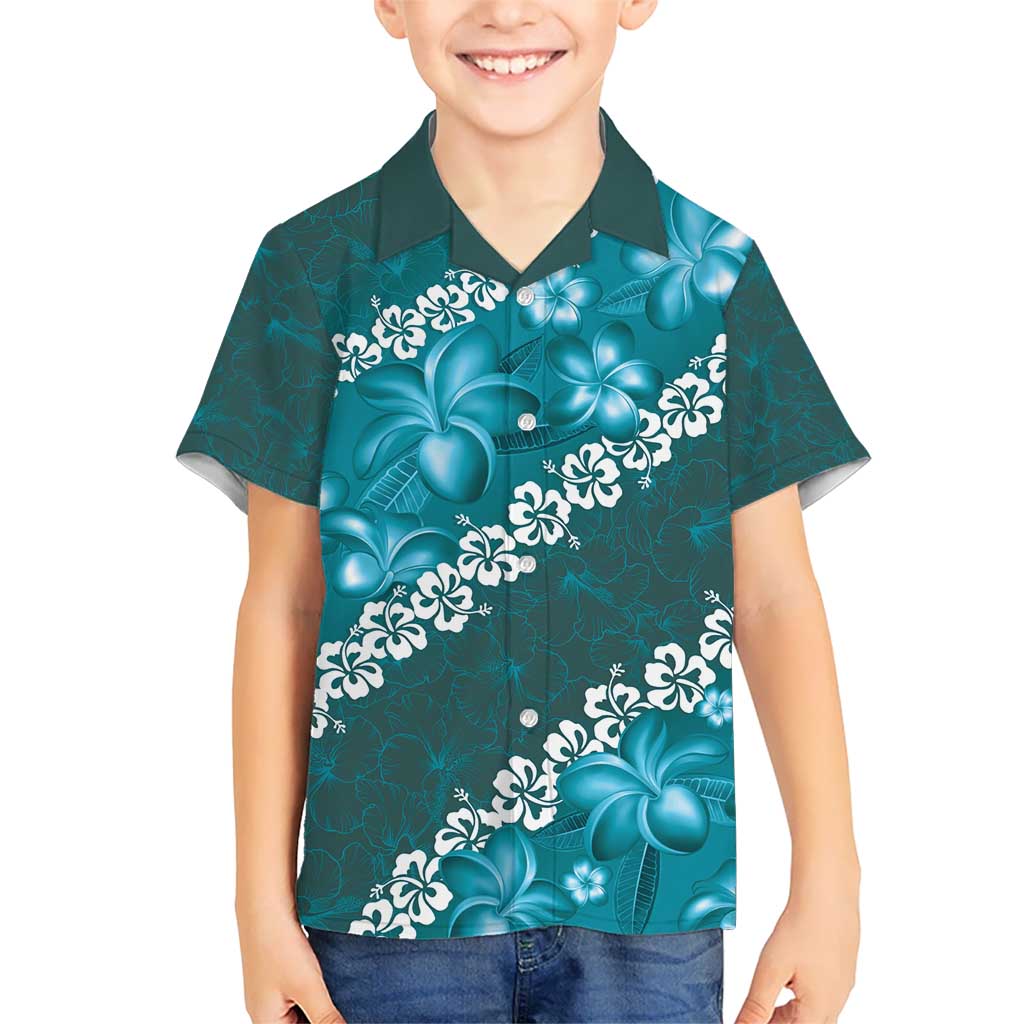 Vintage Dark Cyan Polynesia Kid Hawaiian Shirt Plumeria With Hibiscus Tropical Vibes