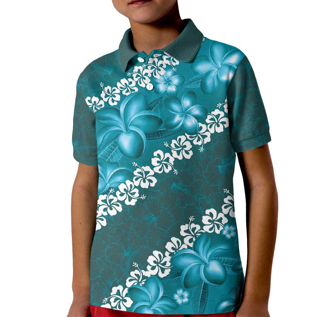 Vintage Dark Cyan Polynesia Kid Polo Shirt Plumeria With Hibiscus Tropical Vibes