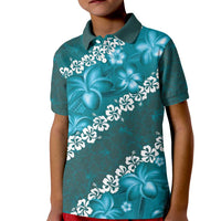 Vintage Dark Cyan Polynesia Kid Polo Shirt Plumeria With Hibiscus Tropical Vibes