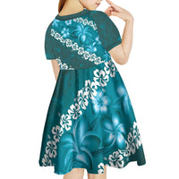 Vintage Dark Cyan Polynesia Kid Short Sleeve Dress Plumeria With Hibiscus Tropical Vibes