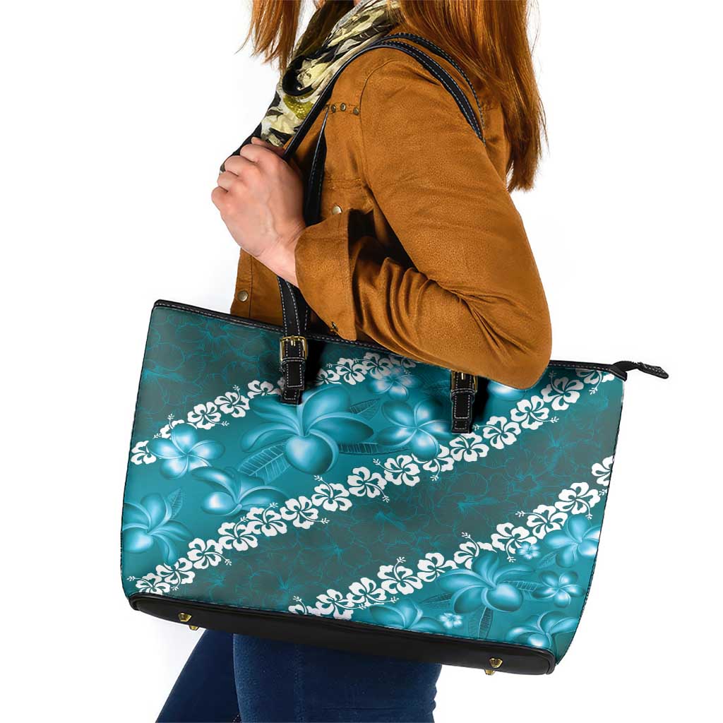 Vintage Dark Cyan Polynesia Leather Tote Bag Plumeria With Hibiscus Tropical Vibes LT14 Dark Cyan - Polynesian Pride