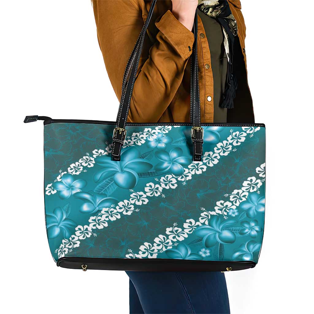 Vintage Dark Cyan Polynesia Leather Tote Bag Plumeria With Hibiscus Tropical Vibes LT14 - Polynesian Pride