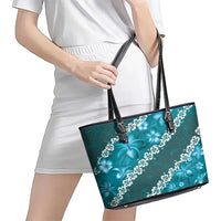 Vintage Dark Cyan Polynesia Leather Tote Bag Plumeria With Hibiscus Tropical Vibes LT14 - Polynesian Pride