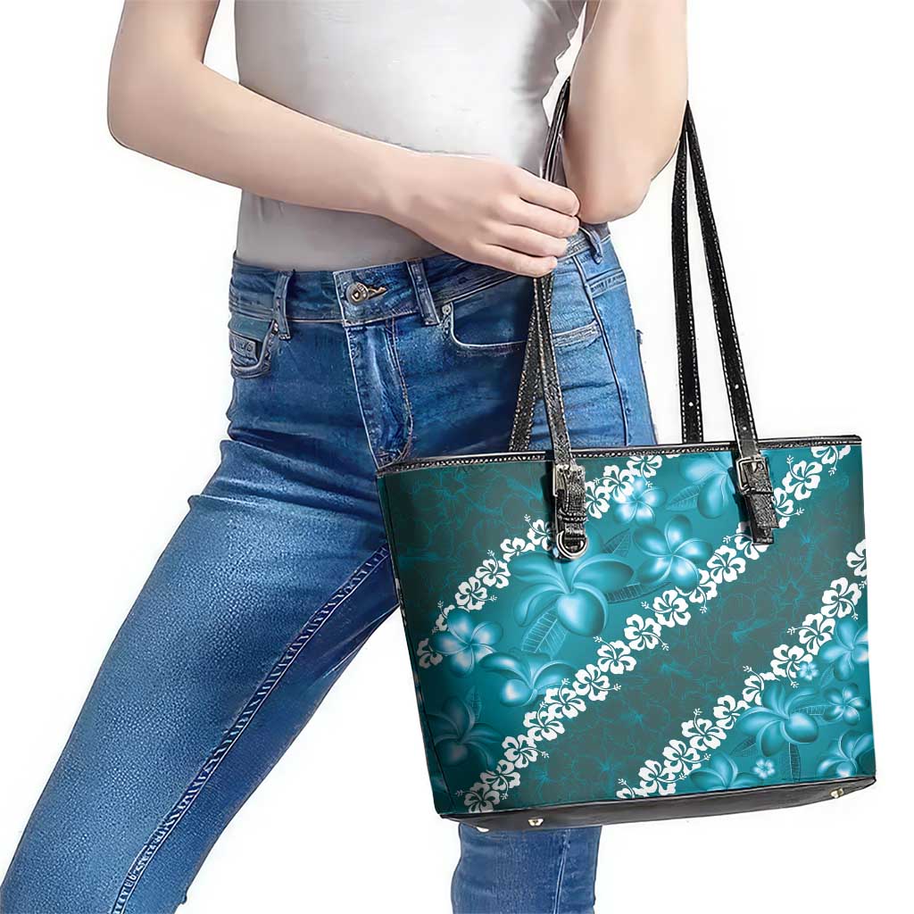 Vintage Dark Cyan Polynesia Leather Tote Bag Plumeria With Hibiscus Tropical Vibes LT14 - Polynesian Pride